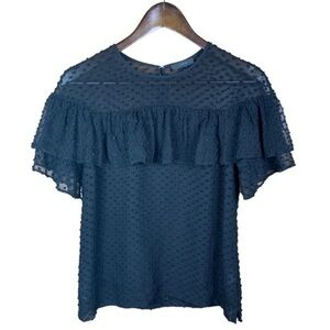 NEW J. Crew Black Silk Blouse Ladies 0 Chiffon Round Neck Short Flutter Sleeves